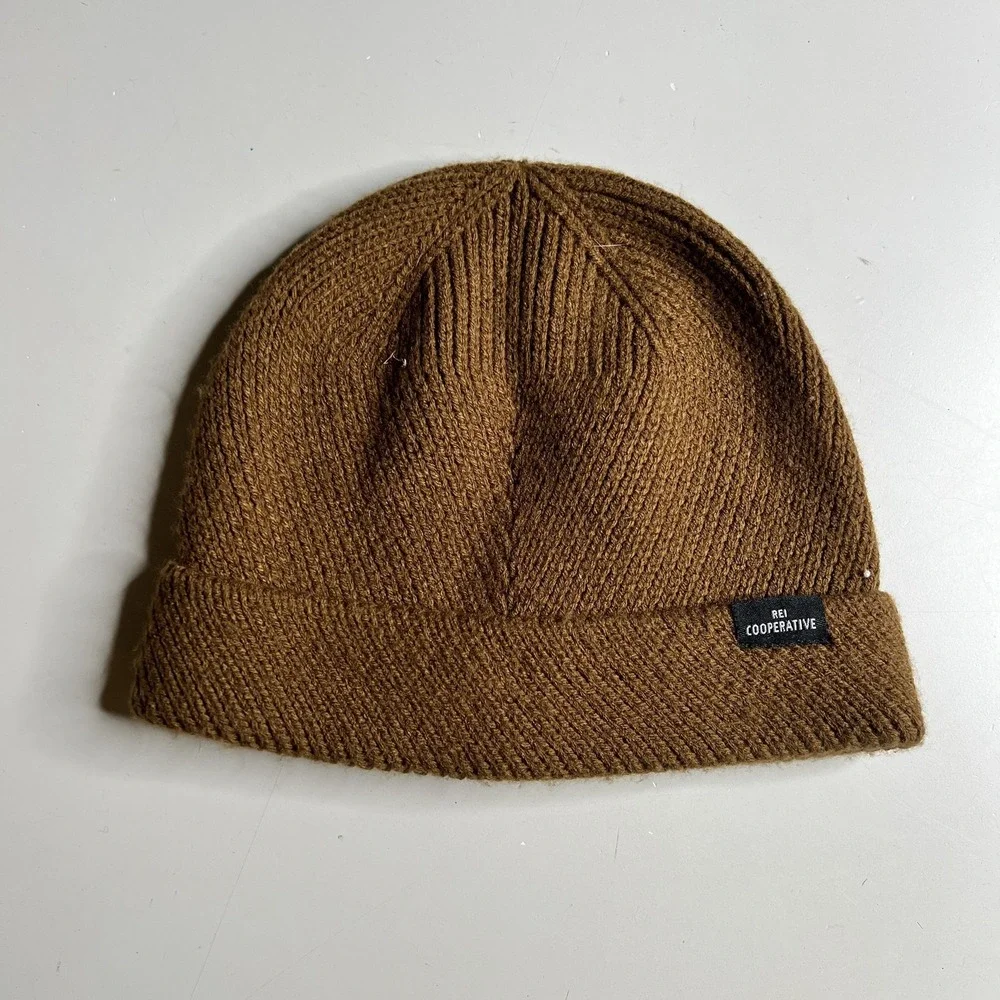 REI Co-op Mens Beanie Brown Ribbed Knit Cuffed Watch Cap One Size Hat